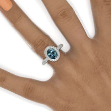 Load image into Gallery viewer, 3 Carat Oval Cut Teal Sapphire Double Halo  White Gold Engagement Ring