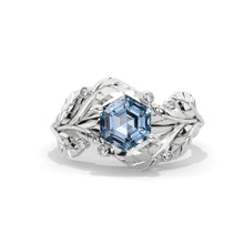 Load image into Gallery viewer, 3 Carat Hexagon Genuine Aquamarine Floral 14K White Gold Engagement Ring