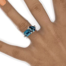Load image into Gallery viewer, 3 Carat Emerald Cut with Pear Cut Paired Teal Sapphire Two-Stone East-West Engagement Ring