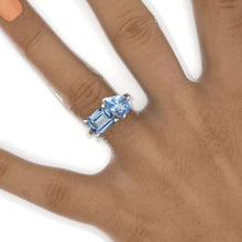 Load image into Gallery viewer, 3 Carat Emerald Cut with Pear Cut Paired Genuine Aquamarine Two-Stone East-West Engagement Ring