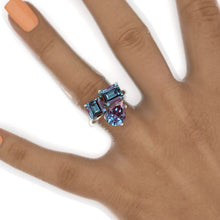 Load image into Gallery viewer, 3 Carat Emerald Cut with Pear Cut Paired with 2 Carat Asscher Cut Alexandrite Two-Stone North-South Engagement Ring