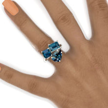 Load image into Gallery viewer, 3 Carat Teal Sapphire Cut with Pear Cut Paired with 2 Carat Asscher Cut Teal Sapphire Two-Stone North-South Engagement Ring