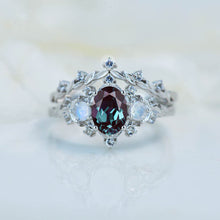 Load image into Gallery viewer, 1 Carat Oval Alexandrite Halo 14K White Gold Floral Engagement Ring Set