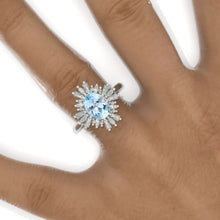 Load image into Gallery viewer, 2CT Oval Halo Genuine Aquamarine Vintage Wedding Ring. 2 Carat Oval Engagement Ring Anniversary Ring, Baguette Double Halo Ring
