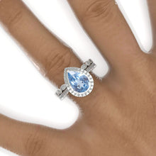 Load image into Gallery viewer, 3 Carat Halo Pear Cut Genuine Aquamarine 14K Solid White Gold Ring Set