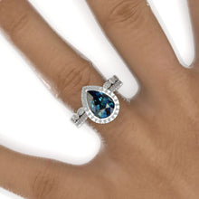 Load image into Gallery viewer, 3 Carat Halo Pear Cut Teal Sapphire 14K Solid White Gold Ring Set