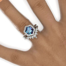 Load image into Gallery viewer, 4 Carat Hexagon Alexandrite Halo 14K White Gold Engagement Ring, Eternity Ring Set