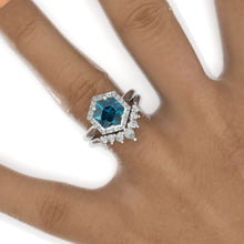 Load image into Gallery viewer, 4 Carat Hexagon Teal Sapphire Halo 14K White Gold Engagement Ring, Eternity Ring Set