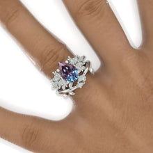 Load image into Gallery viewer, 3CT Pear Shape Alexandrite Engagement Ring Set, 3 Carat Pear Floral Twig Design 14K White Gold,