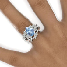 Load image into Gallery viewer, 3CT Pear Shape Genuine Aquamarine Engagement Ring Set, 3 Carat Pear Floral Twig Design 14K White Gold,