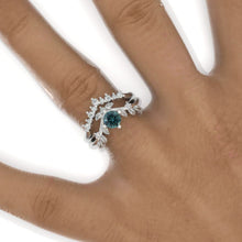 Load image into Gallery viewer, Teal Sapphire Floral Halo 14K White Gold Engagement Ring Set