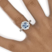 Load image into Gallery viewer, 2.5 Carat Cushion Genuine Aquamarine Halo Engagement Ring. Victorian 14K White Gold Ring