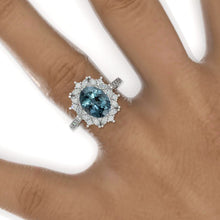 Load image into Gallery viewer, 2 Carat Oval Teal Sapphire Halo Vintage 14K White Gold Engagement Ring