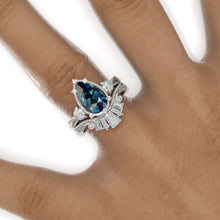 Load image into Gallery viewer, 3CT Pear Shape Teal Sapphire Engagement Ring Set, White Gold, Halo Vintage Teal Sapphire Band, V Band Vintage Anniversary Ring Set