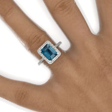Load image into Gallery viewer, 3 Carat Emerald Cut Teal Sapphire Halo Engagement Ring