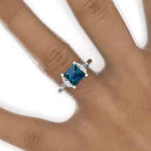Load image into Gallery viewer, 2 Carat Princess and Trillion Teal Sapphire Engagement Ring 14K White Gold Ring