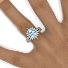 Load image into Gallery viewer, 2 Carat Oval Genuine Aquamarine Halo Vintage 14K White Gold Engagement Ring Set