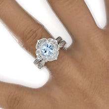 Load image into Gallery viewer, Genuine Aquamarine Floral Halo 14K White Gold Engagement Ring, Eternity Ring Set