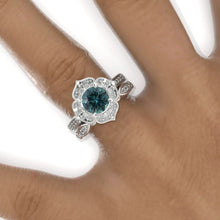 Load image into Gallery viewer, Teal Sapphire Floral Halo 14K White Gold Engagement Ring, Eternity Ring Set