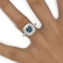 Load image into Gallery viewer, 1 Carat Cushion Cut Vintage Style Double Halo Teal Sapphire White Gold Engagement Ring