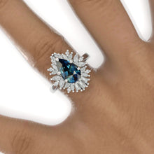 Load image into Gallery viewer, 3 Carat Pear Cut Teal Sapphire Halo Gold Engagement Ring