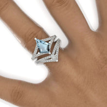 Load image into Gallery viewer, 3 Carat Kite Genuine Aquamarine Halo 14K White Gold Engagement Ring, V Eternity Ring Set
