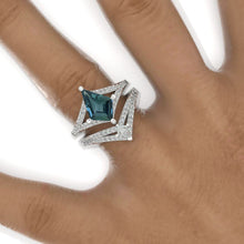 Load image into Gallery viewer, 3 Carat Kite Teal Sapphire Halo 14K White Gold Engagement Ring, V Eternity Ring Set