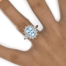 Load image into Gallery viewer, 3 CT Oval Halo Genuine Aquamarine Vintage Wedding Ring. 14K Solid Gold Engagement Ring Anniversary Ring, Baguette Double Halo Ring