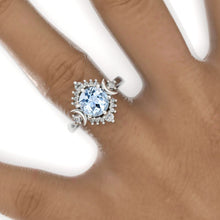 Load image into Gallery viewer, 2 Carat Genuine Aquamarine Moon Halo Gold Engagement Promissory Ring