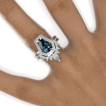 Load image into Gallery viewer, 3 Carat Pear Ethically Teal Sapphire Halo Engagement Ring. Eternity Ring Set