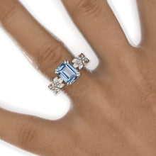 Load image into Gallery viewer, 3 Emerald Cut Genuine Aquamarine White Gold Floral Engagement Ring