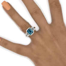 Load image into Gallery viewer, 3 Carat Teal Sapphire Emerald Cut Bezel Set Teal Sapphire Five-Stone Engagement Ring