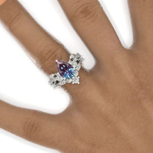 Load image into Gallery viewer, 3 Carat Pear Alexandrite Halo Floral Engagement 14K White Gold  Ring Eternity Ring Set