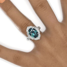 Load image into Gallery viewer, 4 Carat Oval Teal Sapphire Halo Engagement Ring, Promise Ring For Her, Teal Sapphire Wedding Ring, 14K Gold Oval Teal Sapphire Engagement Ring