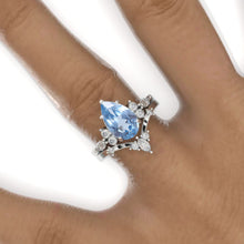 Load image into Gallery viewer, 3 Carat Pear Genuine Aquamarine Halo 14K White Gold Engagement Eternity Ring Set