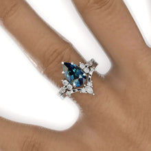Load image into Gallery viewer, 3 Carat Pear Teal Sapphire Halo 14K White Gold Engagement Eternity Ring Set