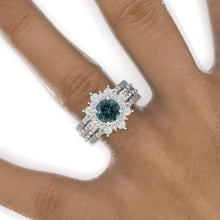 Load image into Gallery viewer, 2 Carat Round Brilliant Cut Teal Sapphire Halo 14K White Gold Engagement Ring, Eternity Rings Set