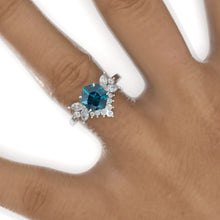 Load image into Gallery viewer, 3 Carat Hexagon Teal Sapphire Cluster Halo 14K White Gold Engagement Ring