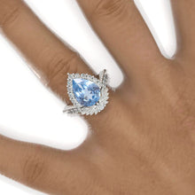 Load image into Gallery viewer, 3 Carat Pear Genuine Aquamarine Halo Floral Engagement Ring 14K White Gold Ring