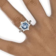 Load image into Gallery viewer, 3 Carat Hexagon Genuine Aquamarine Snowflake Halo 14K White Gold Engagement Ring