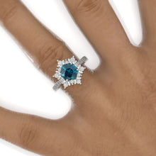 Load image into Gallery viewer, 3 Carat Hexagon Teal Sapphire Snowflake Halo 14K White Gold Engagement Ring