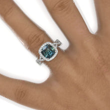 Load image into Gallery viewer, 3 Carat Cushion Cut Vintage Style Halo Teal Sapphire White Gold Engagement Ring