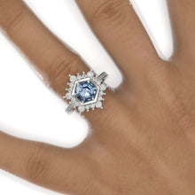 Load image into Gallery viewer, 3 Carat Hexagon Genuine Aquamarine Snowflake Halo 14K White Gold Engagement Ring