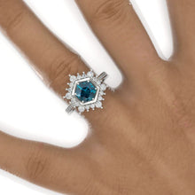 Load image into Gallery viewer, 3 Carat Hexagon Teal Sapphire Snowflake Halo 14K White Gold Engagement Ring