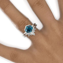 Load image into Gallery viewer, 3 Carat Hexagon Bezel Set Teal Sapphire Cluster Halo 14K White Gold Engagement Ring Set