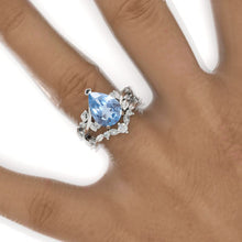 Load image into Gallery viewer, 3 Carat Pear Genuine Aquamarine Halo Floral Engagement Ring 14K White Gold Ring Set