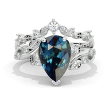 Load image into Gallery viewer, 3 Carat Pear Teal Sapphire Halo Floral Engagement Ring 14K Yellow Gold Ring Set