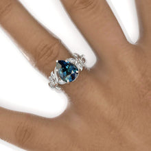 Load image into Gallery viewer, 3 Carat Pear Teal Sapphire Halo Floral Engagement Ring 14K White Gold Ring