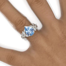 Load image into Gallery viewer, 3 Carat Pear Genuine Aquamarine Halo Floral Engagement Ring 14K White Gold Ring