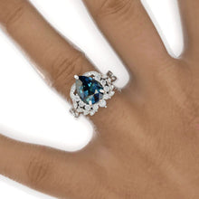 Load image into Gallery viewer, 3 Carat Pear Teal Sapphire Halo Floral Twig Engagement Ring 14K White Gold Ring